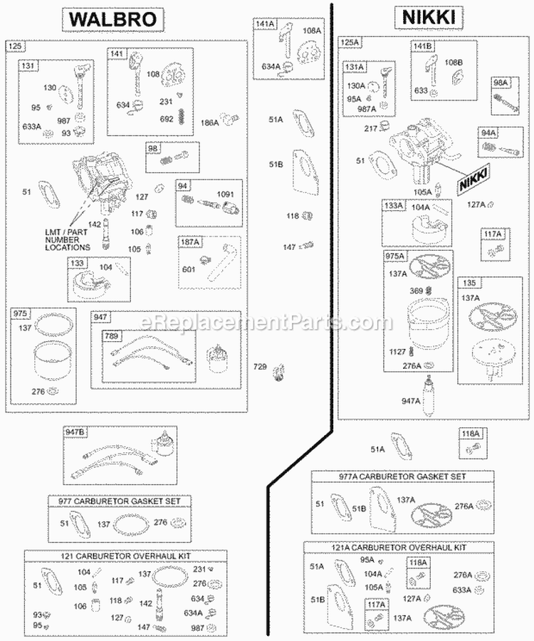 Carburetor Diagram and Parts List for 28N707-0109-01  Briggs and Stratton Engine